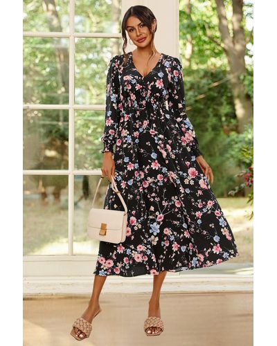 FS Collection Floral Print Long Sleeve Midi Dress In Black - Green