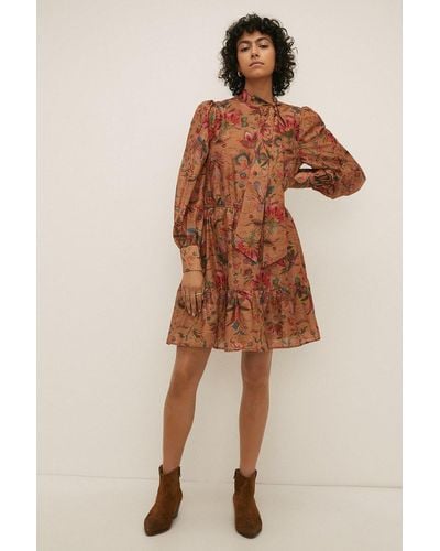 Oasis Paisley Printed Pussybow Skater - Brown