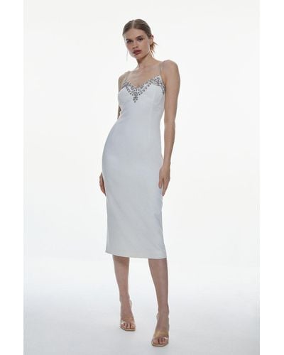 KarenMillen Petite Crystal Embellished Strappy Woven Midi Dress - White