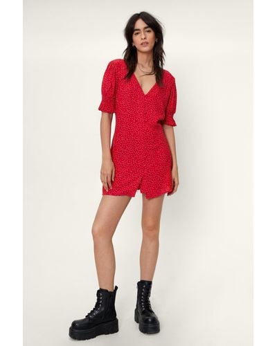 Nasty Gal Polka Dot Button Front Mini Dress - Red