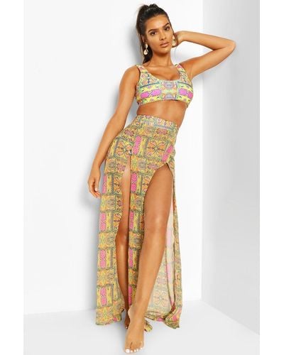 Boohoo Tropical Tile Print Split Leg Maxi Beach Skirt - Metallic