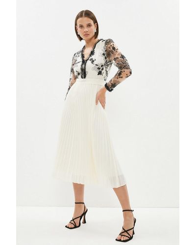 Coast Embroidered Mesh Long Sleeve Pleated Skirt Midi Dress - Natural