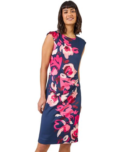 Roman Floral Print Fitted Premium Stretch Dress - White