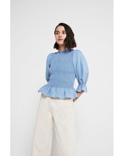 Warehouse Chambray Smocked Puff Sleeve Top - Blue