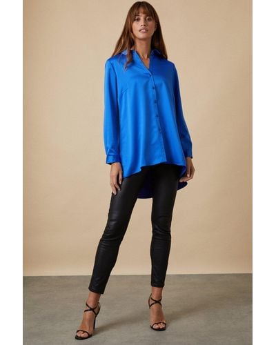 Wallis Cobalt Satin High Low Shirt - Blue