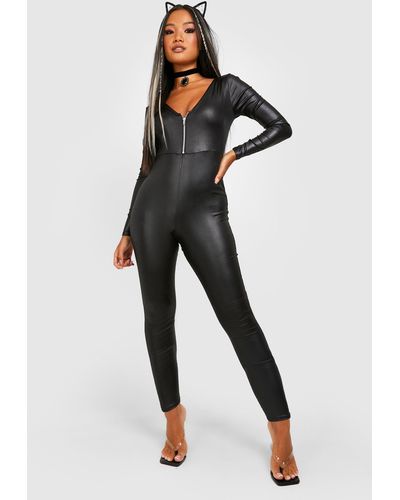 Boohoo Petite Halloween Wet Look Zip Front Jumpsuit - Black