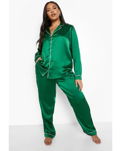 Boohoo Plus Contrast Piping Pyjama Trouser Set - Green