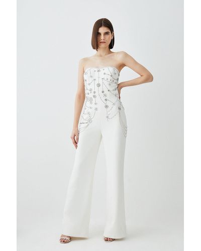 Karen Millen Crystal Embellished Woven Jumpsuit - White