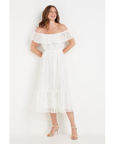 Wallis Lace Bardot Tiered Dress - White