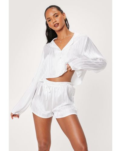 Nasty Gal Stripe Jacquard Cropped Shirt And Shorts Pyjama Set - White