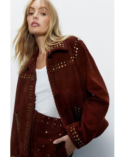 Warehouse Real Suede Studded Trim Jacket - Brown