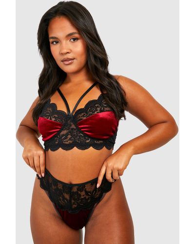 Boohoo Plus Contrast Lace Strapping Lingerie Set - Red