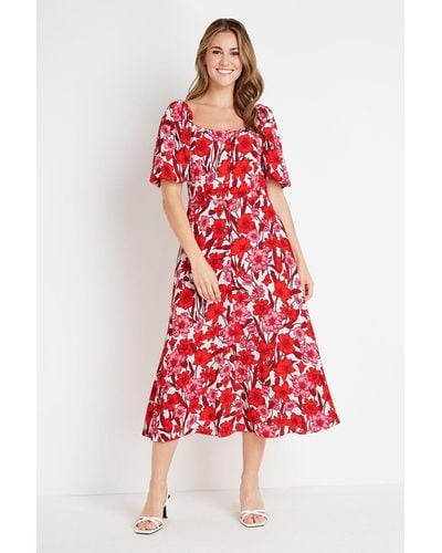 Wallis Red And Pink Floral Square Neck Dress