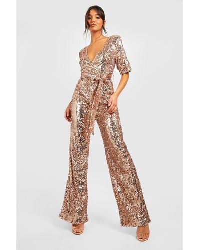 Boohoo Sequin Belted Wide Leg Jumpsuit - White