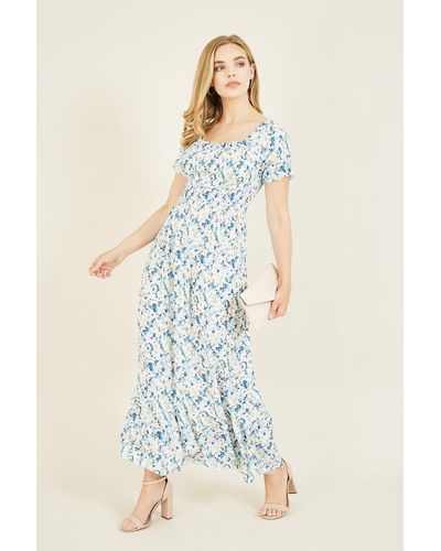 Mela Watercolour Floral Bardot Dress In Blue