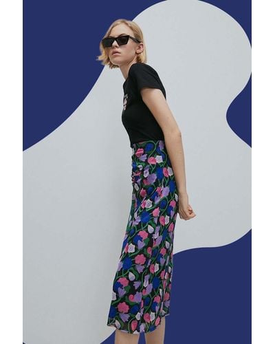 Warehouse Wh X Rose England Spliced Floral Midi Mesh Skirt - Blue