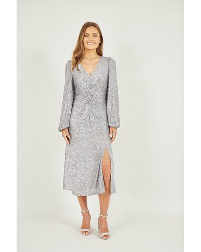 Yumi' Silver Sequin Ruched Front Long Sleeve Midi Dress - Metallic