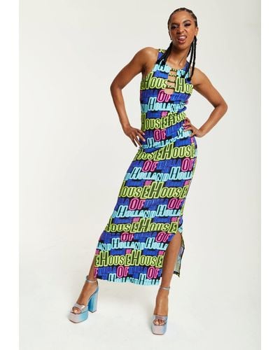 House of Holland Printed Multicolour Maxi Dress With Cut Out Details - Blue