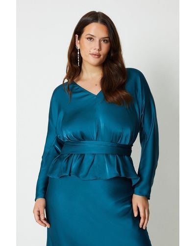 Coast Plus Long Sleeve Satin Top With Tie Detail - Blue