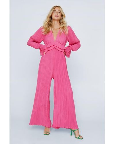 Nasty Gal Petite Pleated Chiffon Wide Leg Jumpsuit - Pink