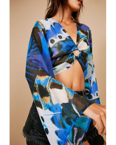 Nasty Gal O Ring Butterfly Flared Sleeve Crop Top - Blue