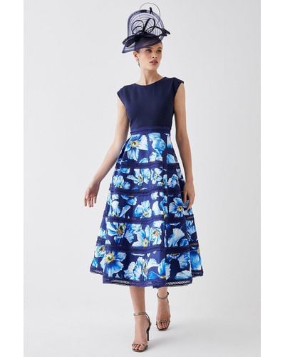 Coast Midi Dress With Ponte Top & Lace Trims - Blue