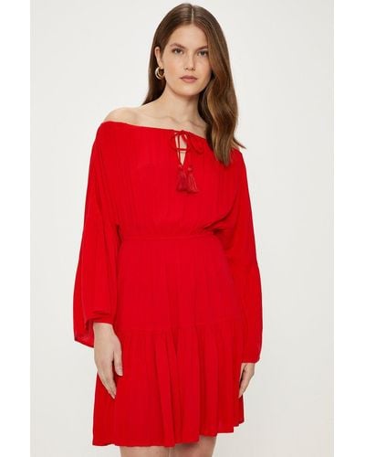 Oasis Crinkle Bardot Dress - Red