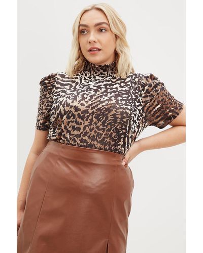 Dorothy Perkins Curve Animal Burnout Ruched Sleeve Top - Brown