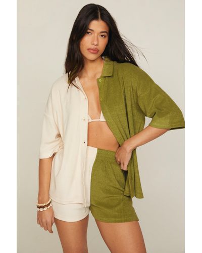 Nasty Gal Towelling Splice Shirt And Shorts Beach Set - Green