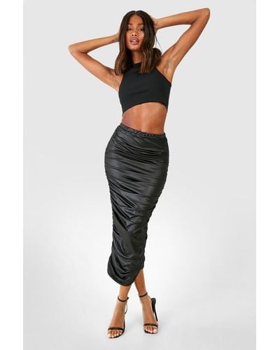 Boohoo Ruched Faux Leather Midaxi Skirt - Black