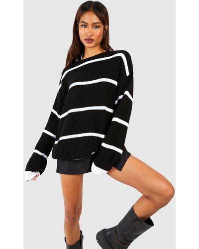 Boohoo Tall Slim Stripe Rib Knitted Oversized Jumper - Black