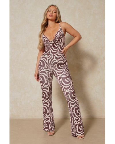 MissPap Abstract Print Cowl Neck Jumpsuit - Natural