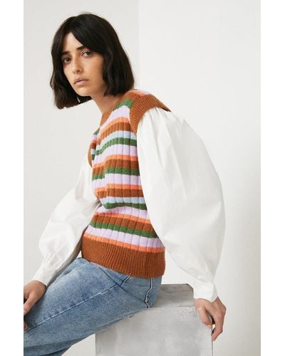 Warehouse Stripe Knit Vest With Woven Sleeves - Blue
