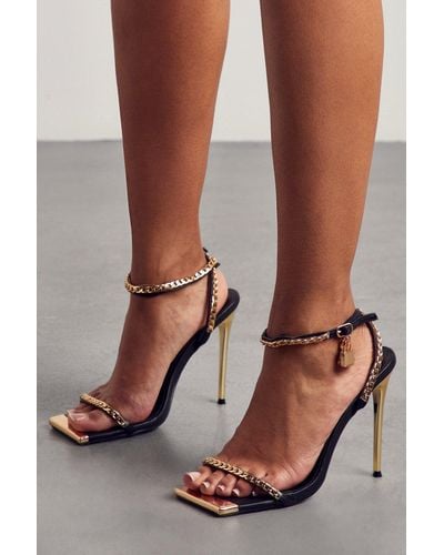 MissPap Square Toe Chain Detail Strappy Heels - Brown