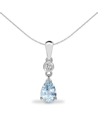 Jewelco London 9ct White Gold Diamond Aquamarine Tear Solitaire Drop Pendant - 9p148 - Blue