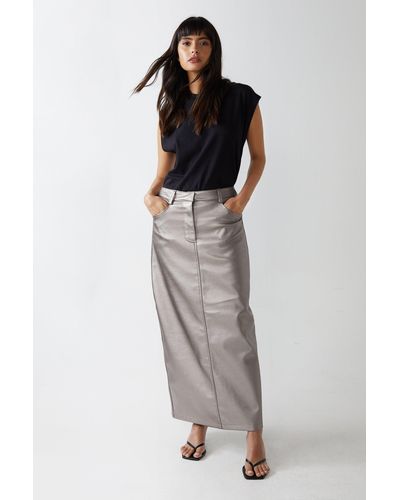 Warehouse Premium Faux Leather Metallic Maxi Skirt - Grey
