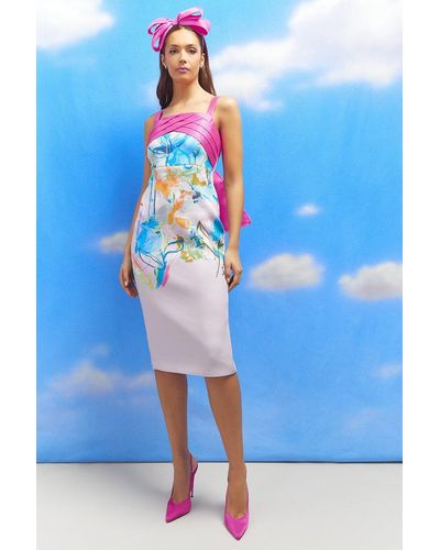 Coast Lisa Tan Panelled Twill Bodice Ruffle Back Pencil Dress - Blue