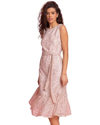 Roman Belted Lace Detail Tiered Midi Dress in Pink