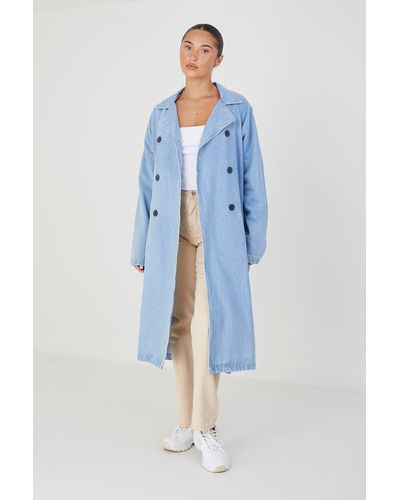 Brave Soul Double-breasted Longline Trench Coat With Raglan Sleeves - Blue