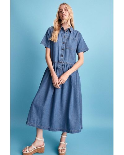 Warehouse Petite Denim Dropped Waist Midi Shirt Dress - Blue