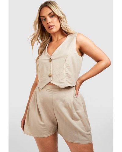 Boohoo Plus Linen Look Tailored Shorts - Natural