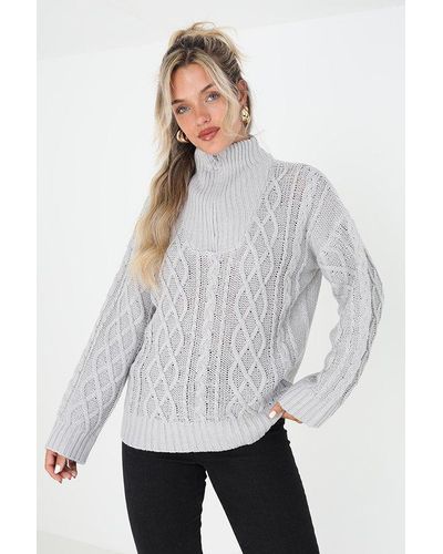 Brave Soul 'sonya' Cable Knit Jumper With Zip Neck - Grey