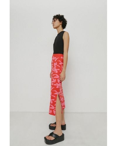 Warehouse Abstract Floral Jacquard Knit Midi Skirt - Red