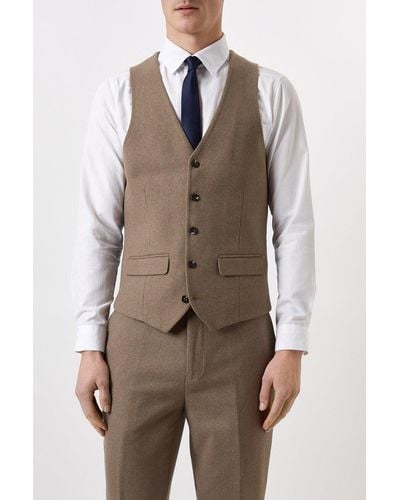 Burton Slim Neutral Herringbone Tweed Suit Waistcoat - Brown