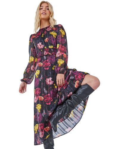 D.u.s.k Floral Print Shirred Midi Dress - Black