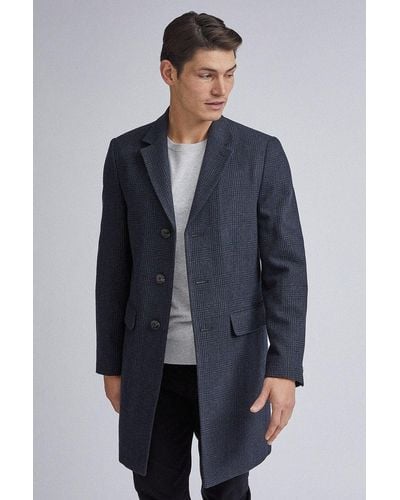 Burton Navy Chequered Faux Wool Overcoat - Blue