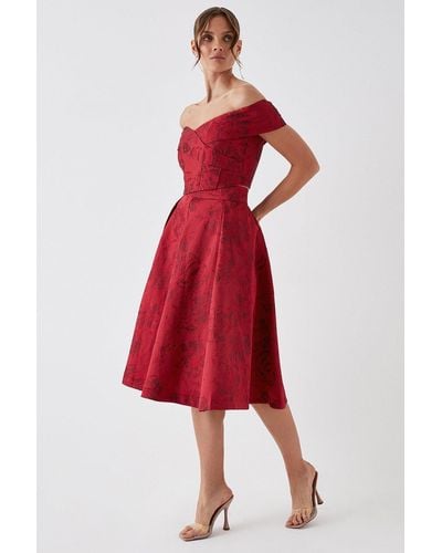 Debut London Floral Jacquard Full Skirt - Red