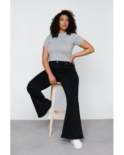 Nasty Gal Plus Size High Waisted Stretch Denim Flare Trousers - Black