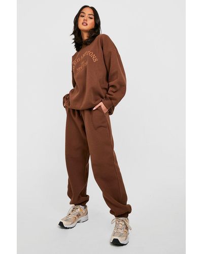 Boohoo Tonal Embroidered Jumper Tracksuit - Brown
