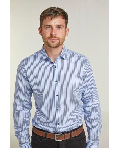 Double Two Tailored Fit Blue Double Stripe Long Sleeve Formal Shirt